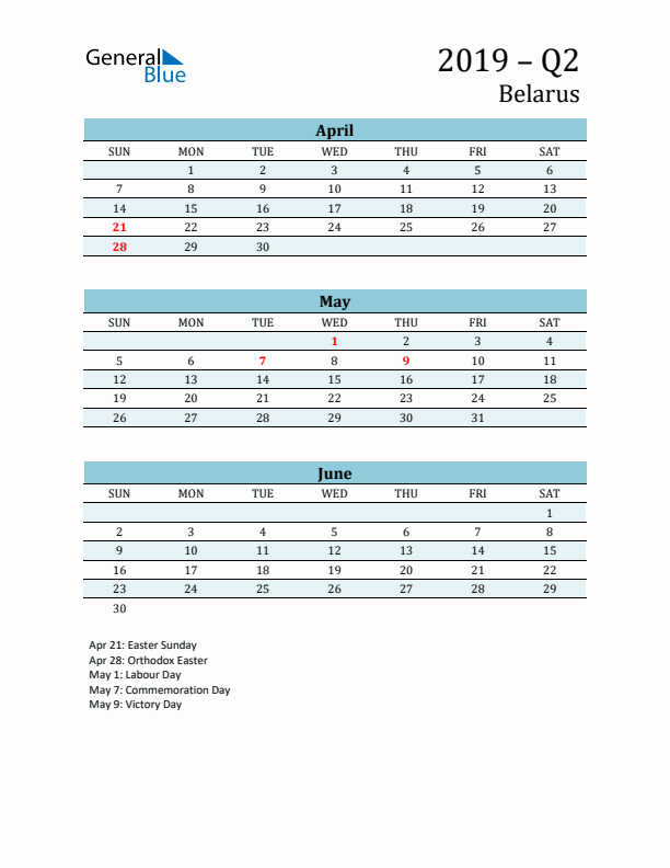 Three-Month Planner for Q2 2019 with Holidays - Belarus
