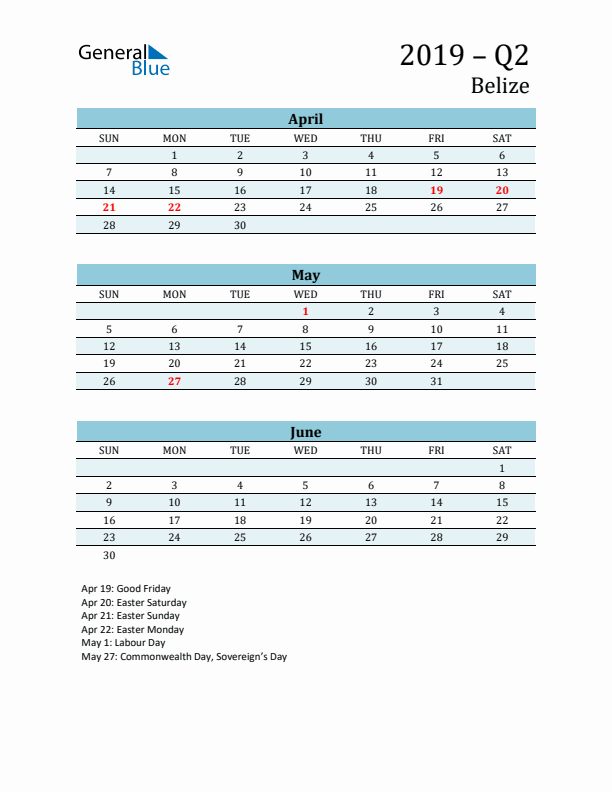 Three-Month Planner for Q2 2019 with Holidays - Belize