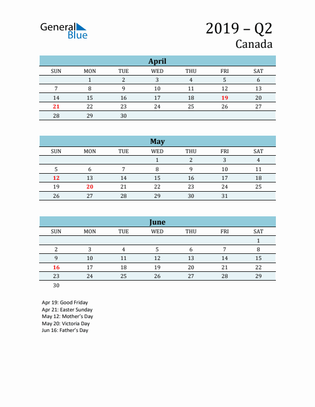 Three-Month Planner for Q2 2019 with Holidays - Canada