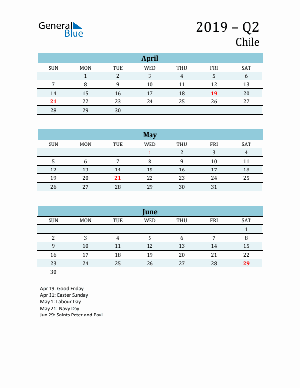 Three-Month Planner for Q2 2019 with Holidays - Chile
