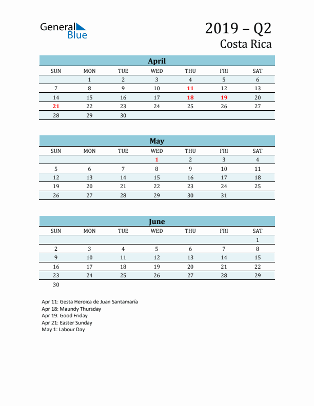 Three-Month Planner for Q2 2019 with Holidays - Costa Rica