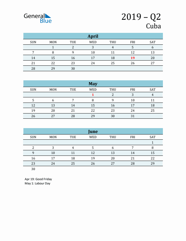 Three-Month Planner for Q2 2019 with Holidays - Cuba