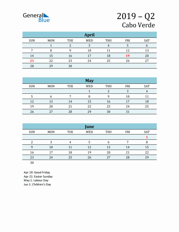 Three-Month Planner for Q2 2019 with Holidays - Cabo Verde