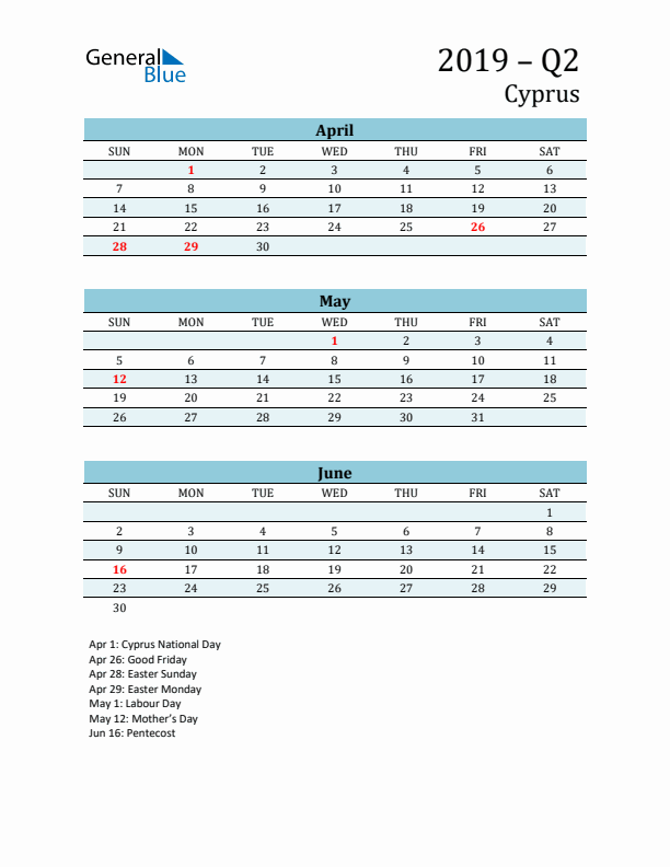 Three-Month Planner for Q2 2019 with Holidays - Cyprus