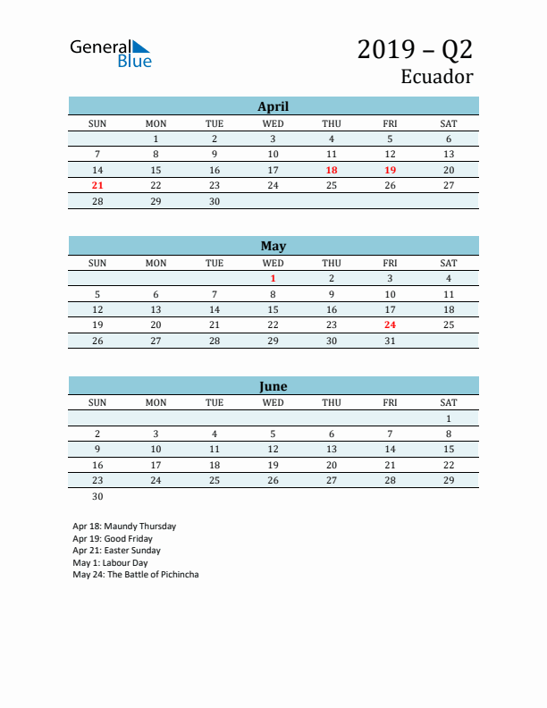 Three-Month Planner for Q2 2019 with Holidays - Ecuador