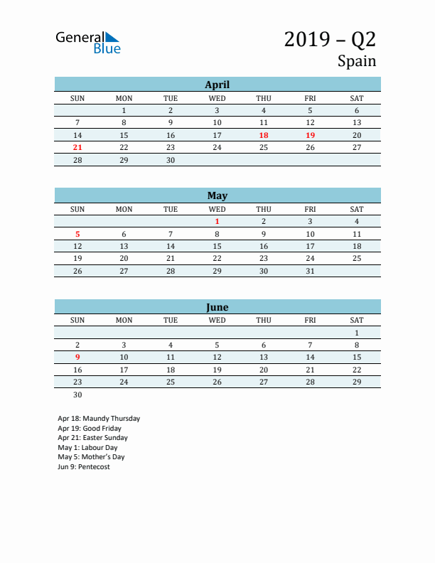 Three-Month Planner for Q2 2019 with Holidays - Spain