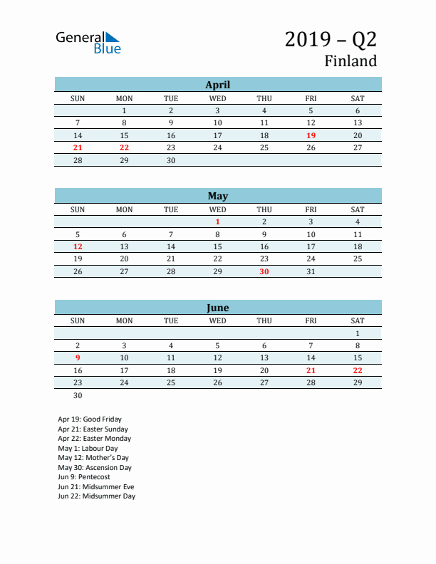 Three-Month Planner for Q2 2019 with Holidays - Finland