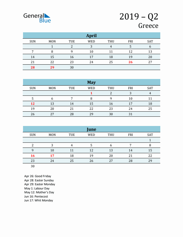 Three-Month Planner for Q2 2019 with Holidays - Greece