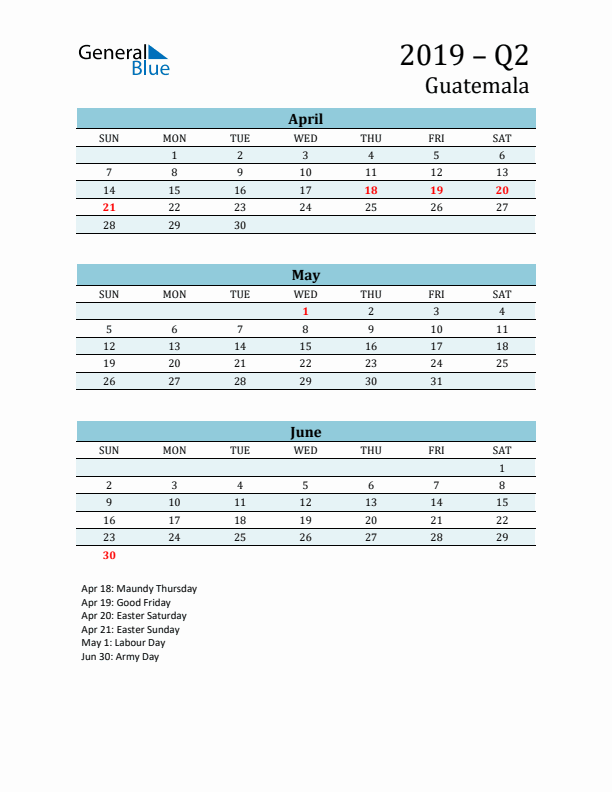 Three-Month Planner for Q2 2019 with Holidays - Guatemala