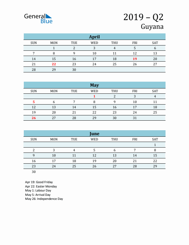 Three-Month Planner for Q2 2019 with Holidays - Guyana