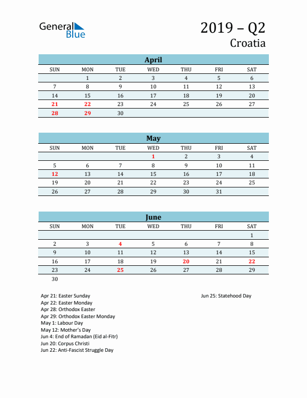 Three-Month Planner for Q2 2019 with Holidays - Croatia