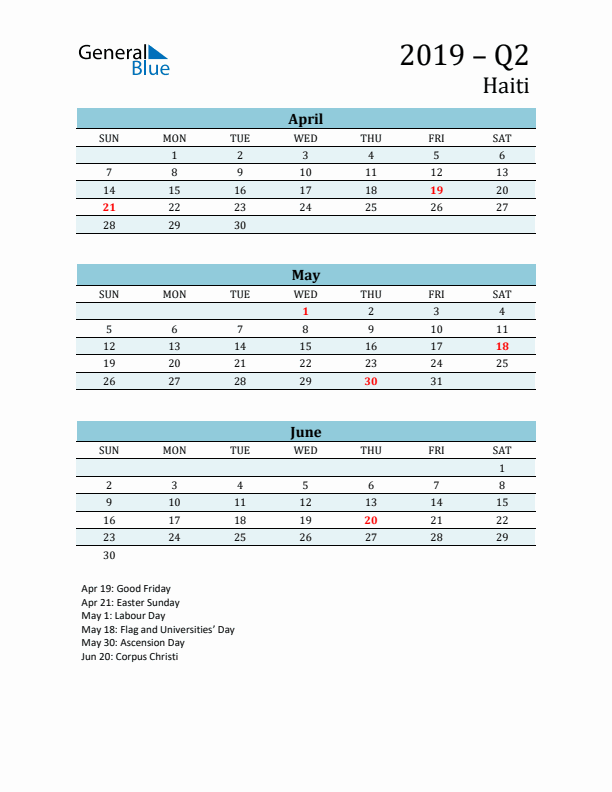 Three-Month Planner for Q2 2019 with Holidays - Haiti