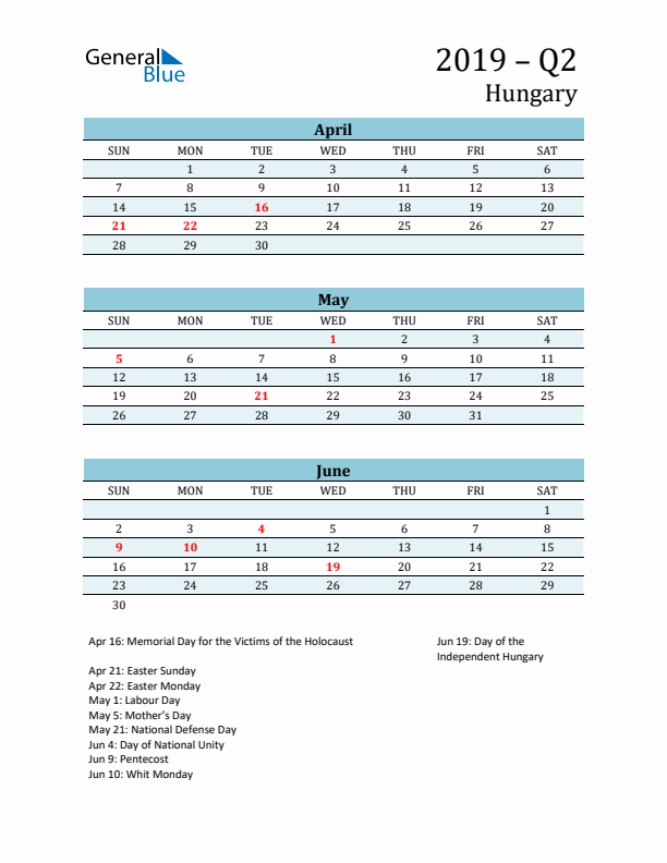 Three-Month Planner for Q2 2019 with Holidays - Hungary
