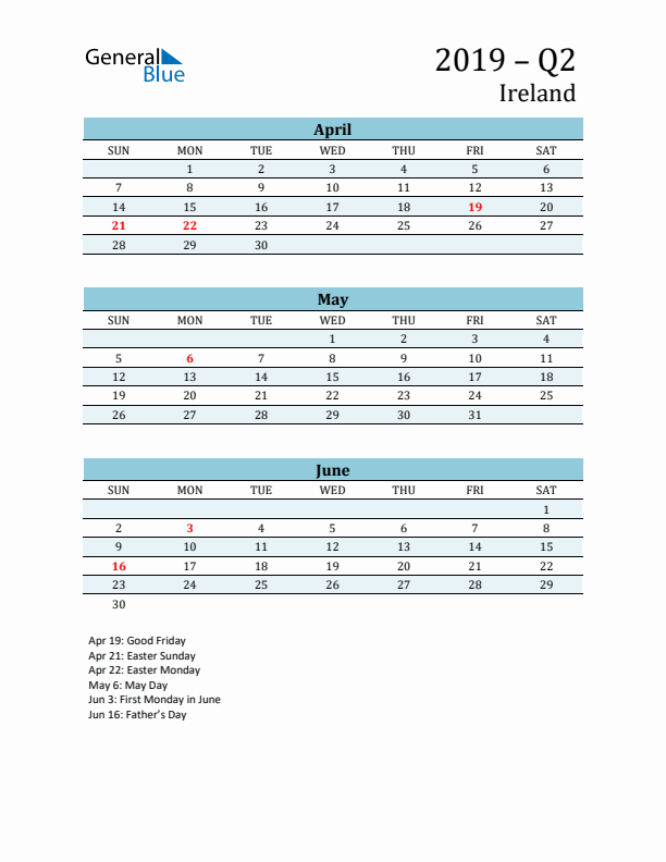 Three-Month Planner for Q2 2019 with Holidays - Ireland