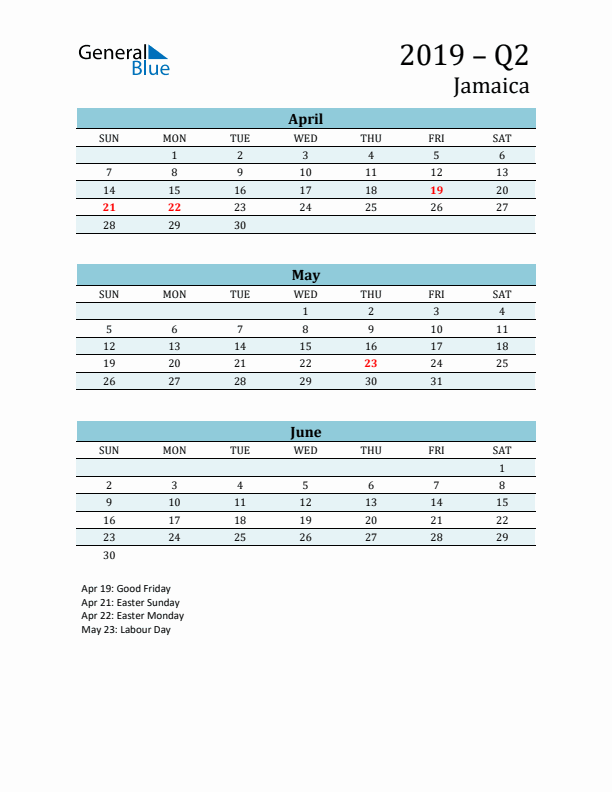 Three-Month Planner for Q2 2019 with Holidays - Jamaica