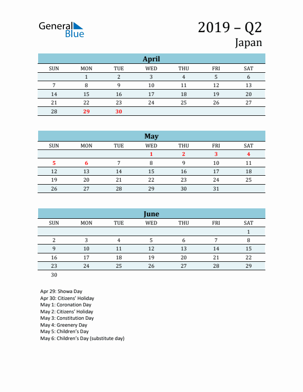 Three-Month Planner for Q2 2019 with Holidays - Japan