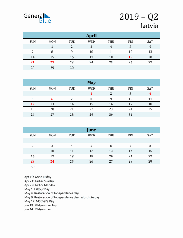 Three-Month Planner for Q2 2019 with Holidays - Latvia