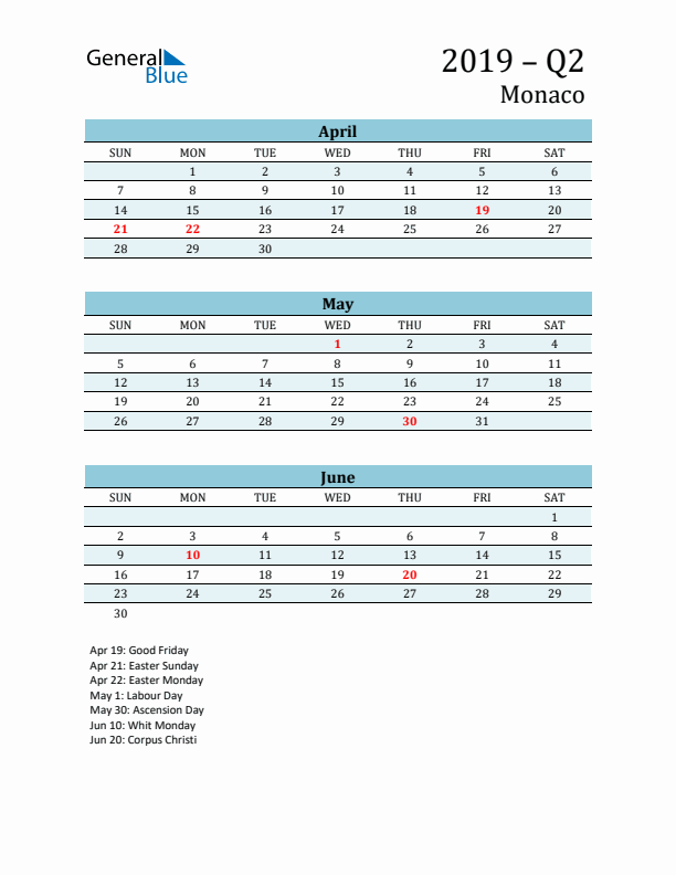 Three-Month Planner for Q2 2019 with Holidays - Monaco