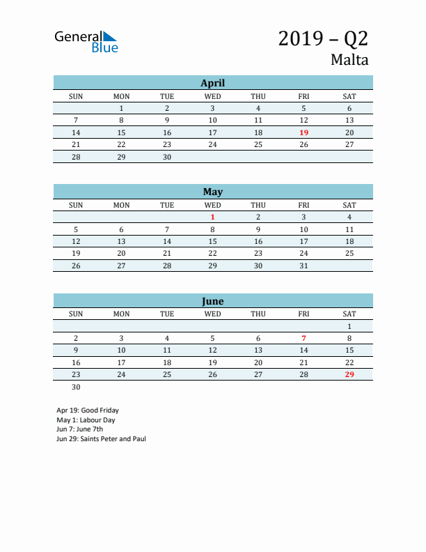 Three-Month Planner for Q2 2019 with Holidays - Malta