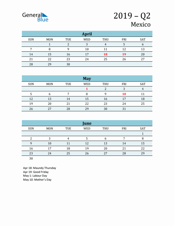 Three-Month Planner for Q2 2019 with Holidays - Mexico