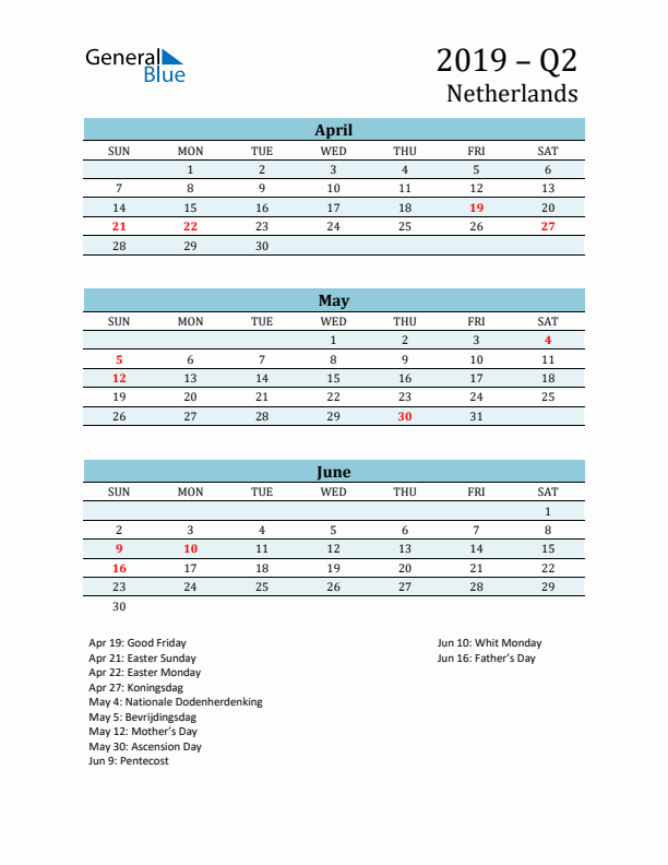 Three-Month Planner for Q2 2019 with Holidays - The Netherlands