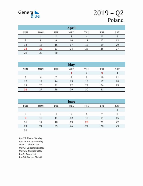 Three-Month Planner for Q2 2019 with Holidays - Poland