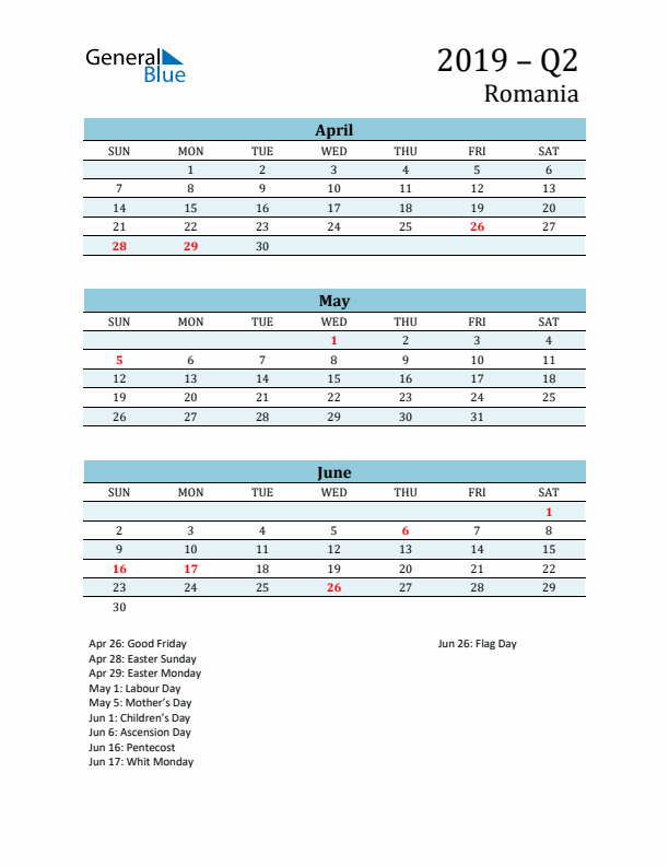 Three-Month Planner for Q2 2019 with Holidays - Romania