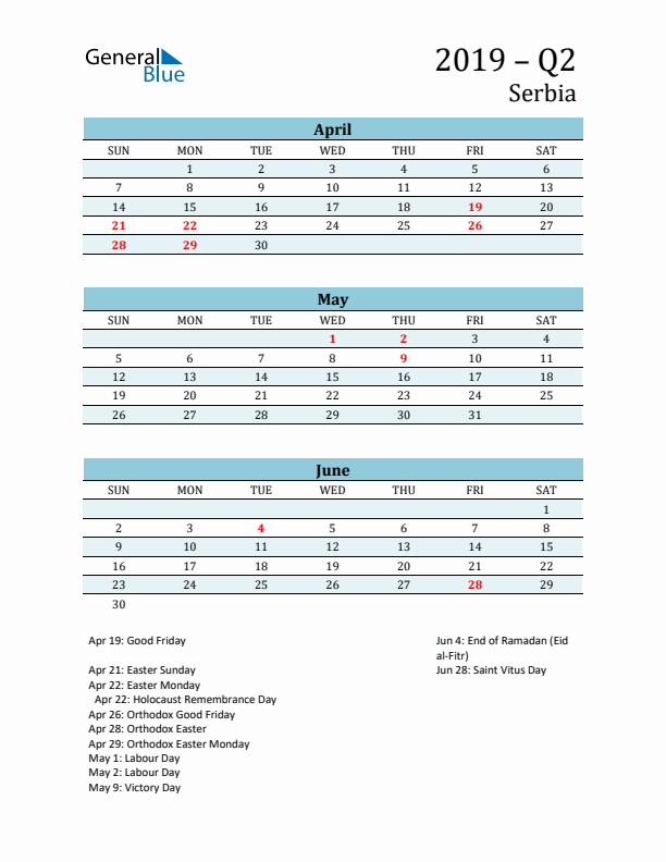 Three-Month Planner for Q2 2019 with Holidays - Serbia