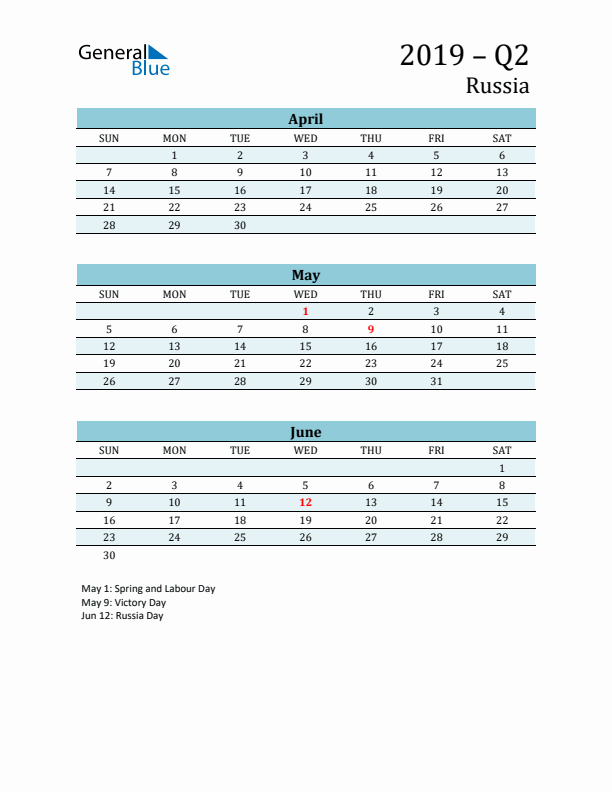 Three-Month Planner for Q2 2019 with Holidays - Russia