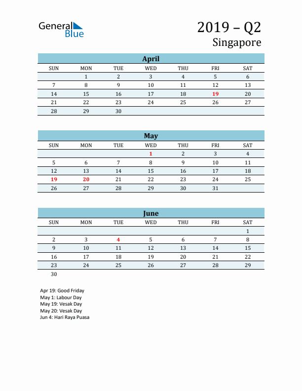 Three-Month Planner for Q2 2019 with Holidays - Singapore