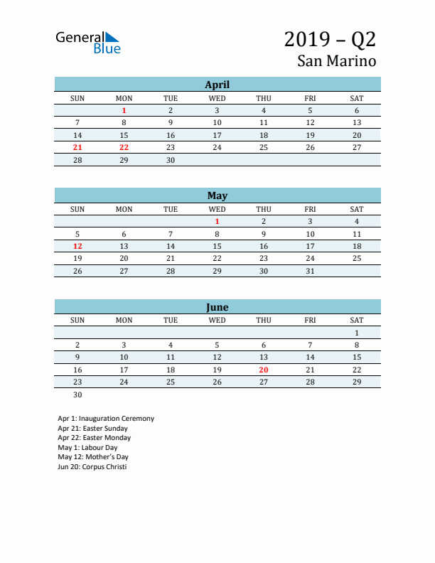 Three-Month Planner for Q2 2019 with Holidays - San Marino