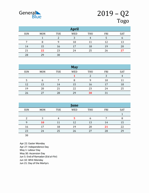 Three-Month Planner for Q2 2019 with Holidays - Togo