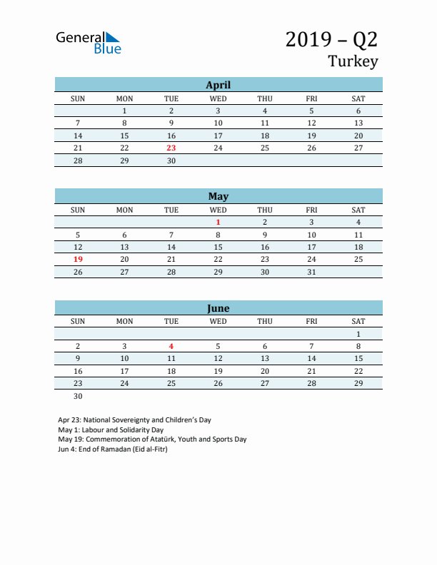 Three-Month Planner for Q2 2019 with Holidays - Turkey