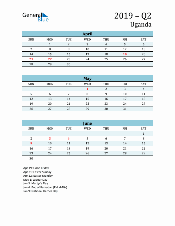 Three-Month Planner for Q2 2019 with Holidays - Uganda