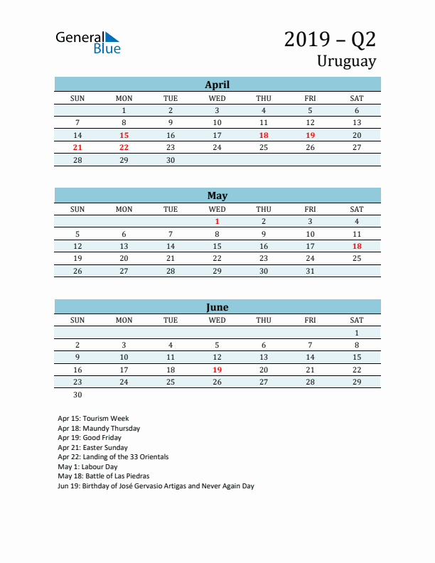Three-Month Planner for Q2 2019 with Holidays - Uruguay