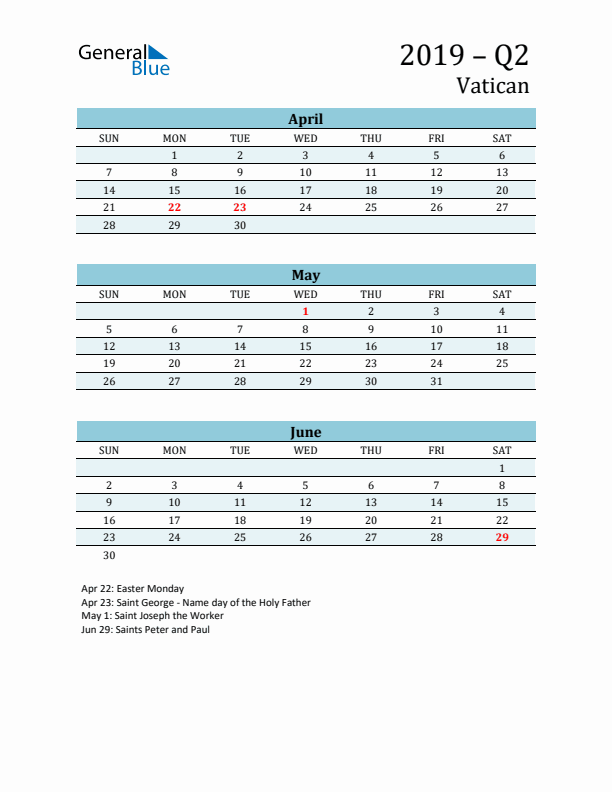 Three-Month Planner for Q2 2019 with Holidays - Vatican