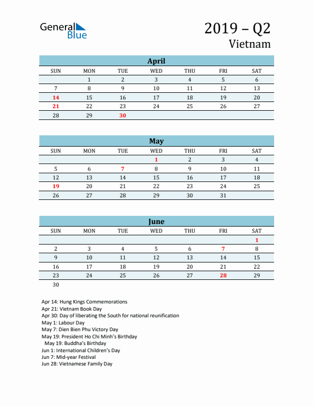 Three-Month Planner for Q2 2019 with Holidays - Vietnam