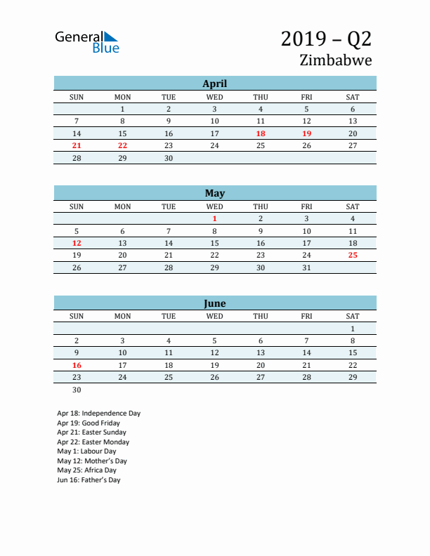 Three-Month Planner for Q2 2019 with Holidays - Zimbabwe