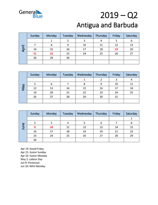  Free Q2 2019 Calendar for Antigua and Barbuda