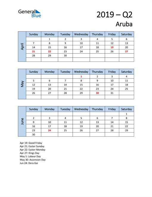  Free Q2 2019 Calendar for Aruba