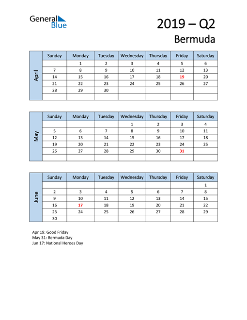  Free Q2 2019 Calendar for Bermuda
