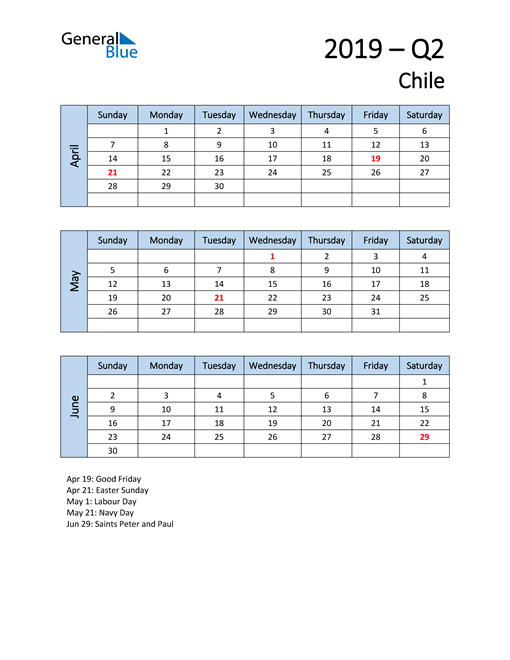  Free Q2 2019 Calendar for Chile