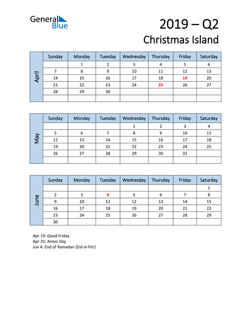  Free Q2 2019 Calendar for Christmas Island