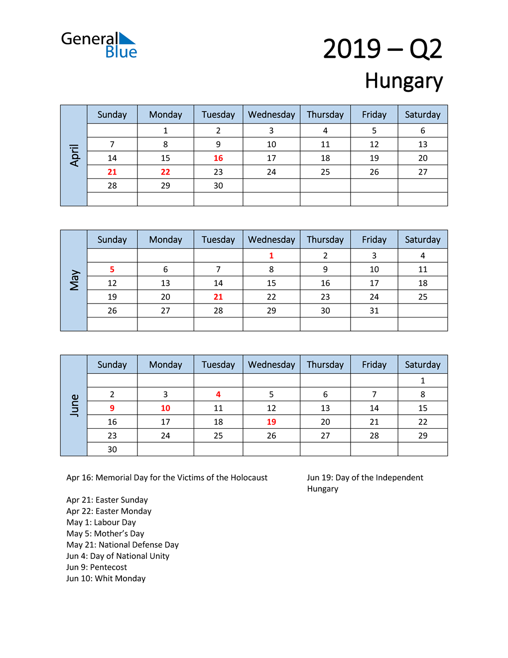  Free Q2 2019 Calendar for Hungary