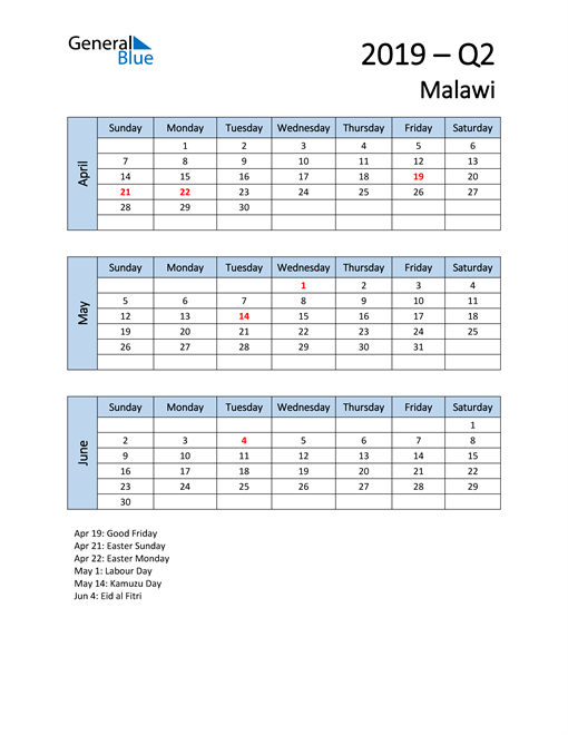  Free Q2 2019 Calendar for Malawi