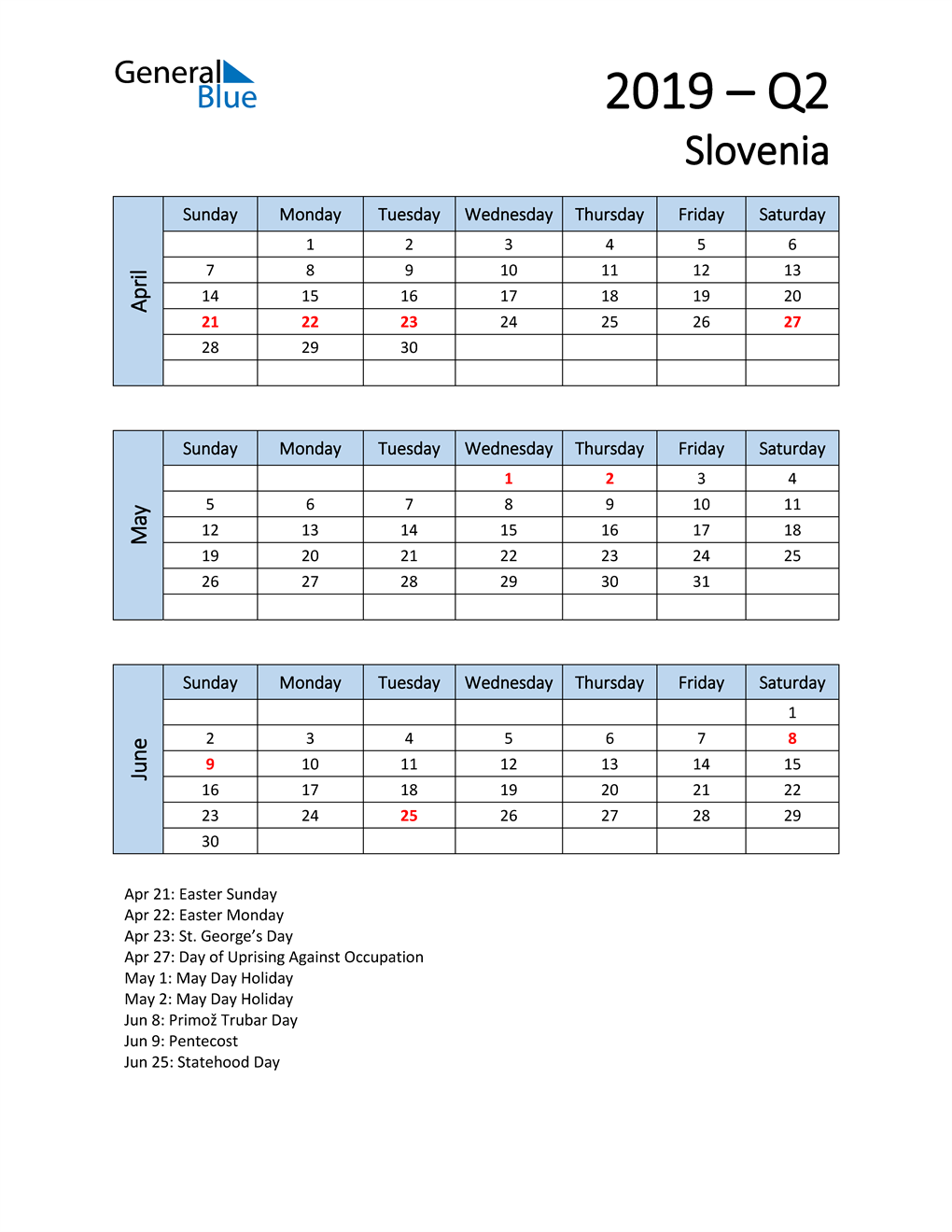  Free Q2 2019 Calendar for Slovenia