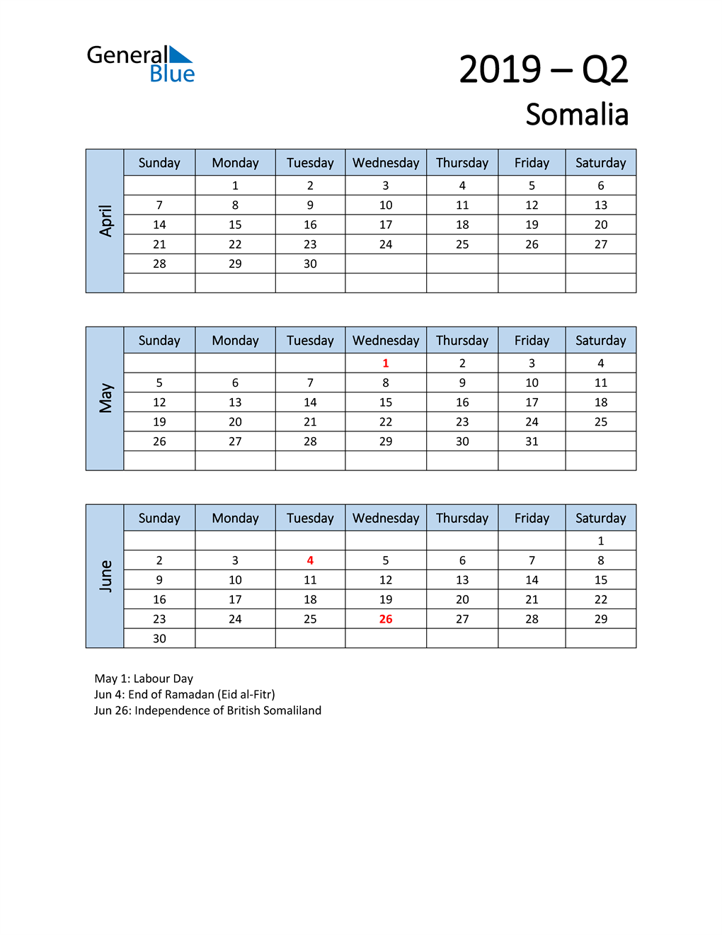  Free Q2 2019 Calendar for Somalia