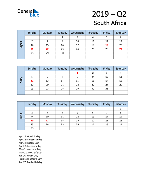  Free Q2 2019 Calendar for South Africa