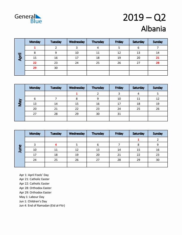 Free Q2 2019 Calendar for Albania - Monday Start