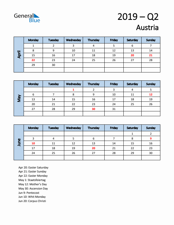 Free Q2 2019 Calendar for Austria - Monday Start